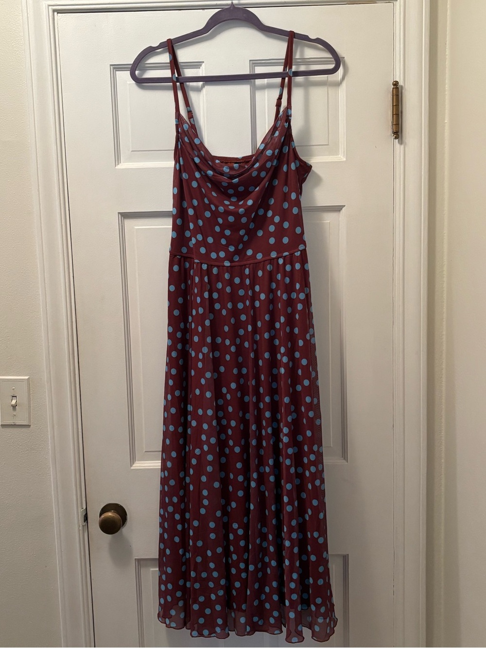 Polka Dot Cowl Neck Maxi Dress in Brown with Light Blue Dots
Size L